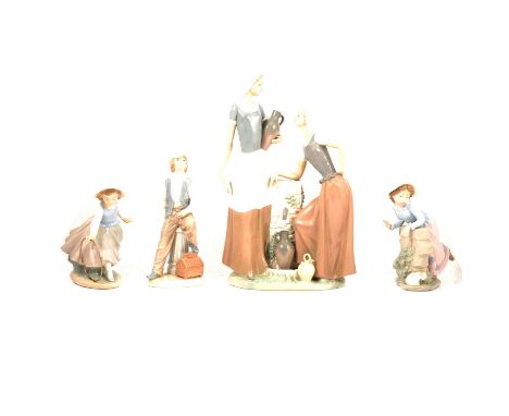 Four Nao porcelain figurines including a large group of two women by a well, 40.5cm, Shoeshine Boy, 26cm,  and two girls at p