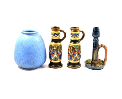 Ruskin pottery ovoid vase, mottled blue glaze, 22cm; a pair of Rembrandt Dutch pottery ewers, and a Belgian Art Pottery chamb