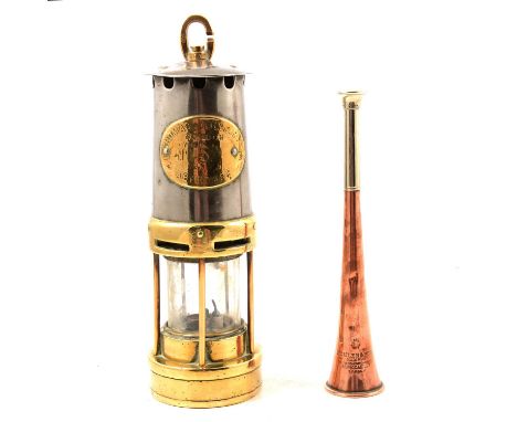 E Thomas &amp; Williams No.5 brass miner's lamp, 29cm; a copper and brass hunting horn Kohler &amp; Sons 185 Piccadilly Londo