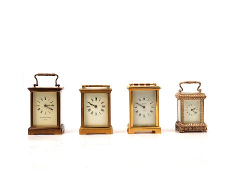 Four carriage clocks, including three brass cased carriage clock, one dial signed Matthew Norman London, and a plated cased c