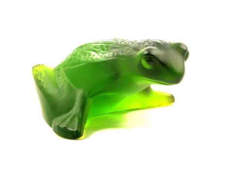 Lalique Crystal, a frosted green glass frog ornament, modelled peering down, Jump Frog "Grenouille", 3023100, engraved signat