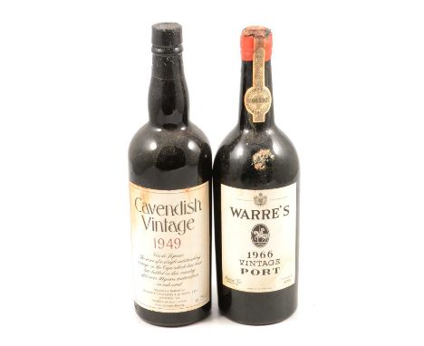 Cavendish 1949 Vintage vin de liqueur (port-style), 75cl, 1 bottleand Warre's 1966 vintage port, low level, 1 bottle.Qty: 2