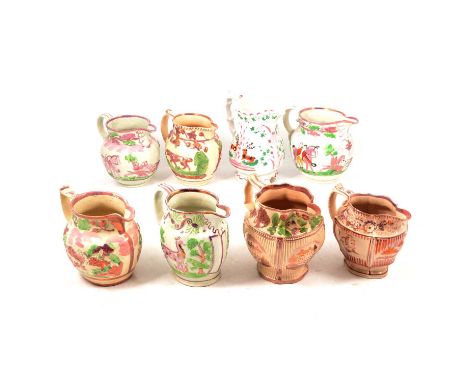Collection of thirteen Sunderland lustre jugs, moulded in low relief with hunting scenes, figures, deer in under trees, and s