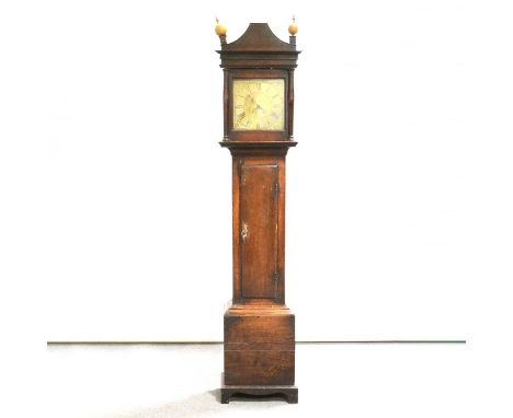 Oak longcase clock, pagoda top with ball finials, long door, bracket feet, elev inch brass dial with single hand, subsidiary 