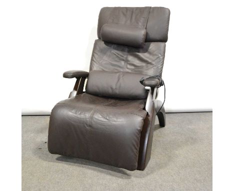 The Perfect Chair Zero Gravity Recliner, leather on a dark walnut effect frame, with paperwork.Condition report:The upholster