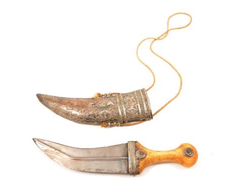 An Eastern dagger with curved blade, horn handle and silver-plated scabbard, overall length 35cm.Condition report:Please see 