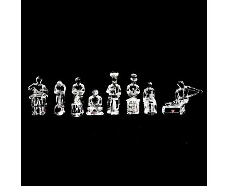 Set of eight Orrefors glass figures of tradespeople, designed by Olle Alberius , including glassblower, chef, blacksmith, chi