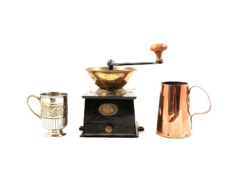 A collection or silver-plated wares; coffee grinder; copper wares etc.