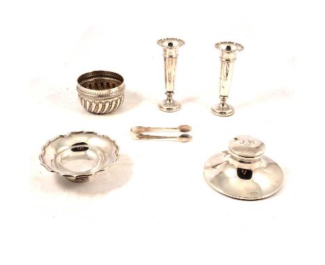 Silver capstan inkwell, engraved lid, diameter 11.5cm, weighted, pair of silver vases, sugar bowl, silver dish and a pair of 