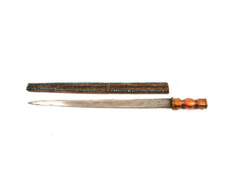 Caucasian short sword, brass and copper hilt, straight steel blade, the sheath inset with turquoise-coloured and ruby-coloure