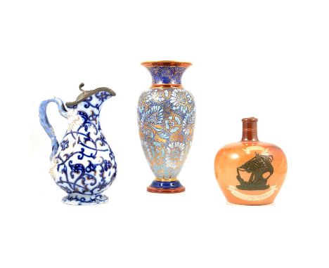 Doulton Lambeth stoneware flask, 'Special Highland Whisky', 17cm; a Doulton Lambeth stoneware vase, 29.5cm; and a Victorian p