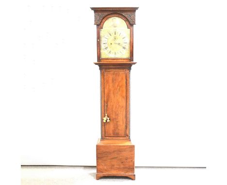 Scottish mahogany longcase clock, the hood with moulded and dentil cornice, blind fretwork spandrels, trunk with long coor an