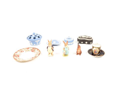 Small collection of Wedgwood Jasperware, Beswick Beatrix Potter figures, cups and saucers including Japanese eggshell.