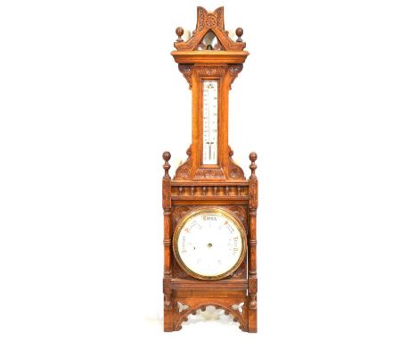 Victorian oak cased barometer, Gothic style, white porcelain painted dials, 106cm.