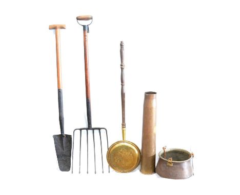 Large brass shellcase, 67.5cm;; old copper posser; vintage narrow spade and hay fork with ash handles, the fork handle stampe
