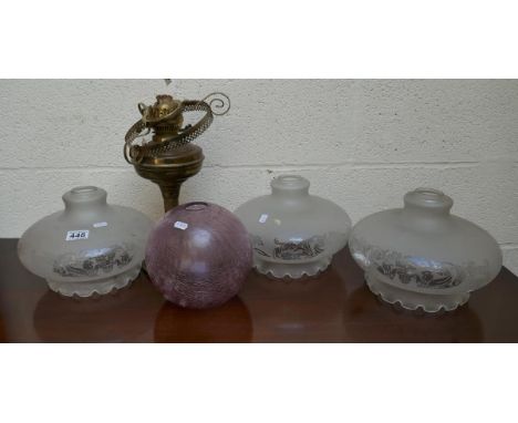Brass oil lamp &amp; 4 shades