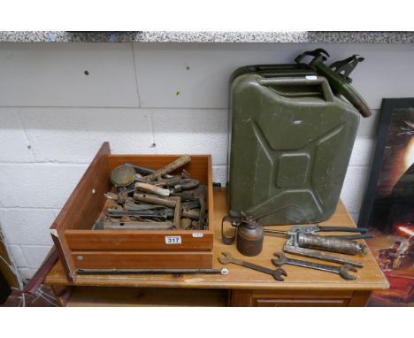 Collection of tools to include Jerry can &amp; oil cans