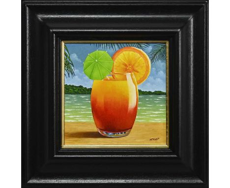 GRAHAM H D MCKEAN, TEQUILA SUNRISE oil on canvas, signed, further signed and titled versoframedimage size 25cm x 25cm, overal