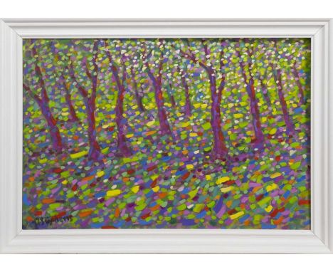 * PAUL STEPHENS, APPLE ORCHARD BLOSSOM oil on panel, signed, titled versoframedimage size 41cm x 61cm, overall size 49cm x 69