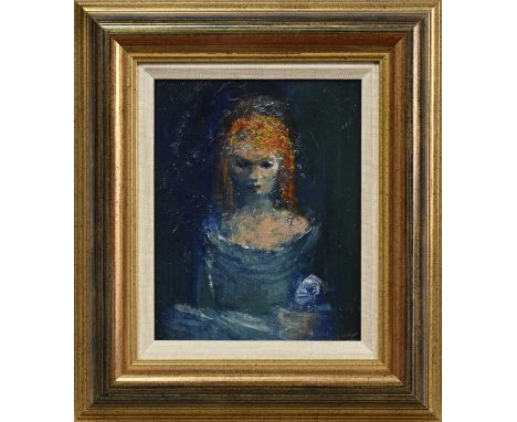 * DANNY FERGUSON RSW RGI (SCOTTISH 1925 - 1993), GIRL WITH DOVE oil on board, signed, titled label versoframed image size 24c