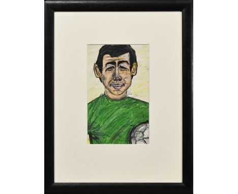 * PETER HOWSON OBE (SCOTTISH b. 1958), PORTRAIT OF GORDON BANKS  mixed media on paper mounted, framed and under glassimage si