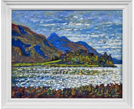 PAUL STEPHENS, THE TROSSACHS, FAIR DAY oil on panel, signed, titled versoframedimage size 41cm x 51cm, overall size 49cm x 59