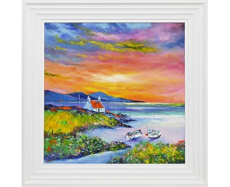 NATALIE SOUTER (SCOTTISH b. 1989), DAWN BREAKS AT IONA oil on canvas, signed, titled versoframedimage size 50.5cm x 50.5cm, o