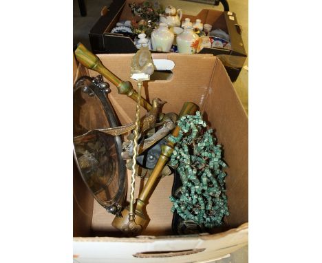 Box containing 2 Wooden Candlesticks, Horse Brass, Toasting Fork, Biafran Shell Casing from 1970 Biafran War (Nigeria).  Roun