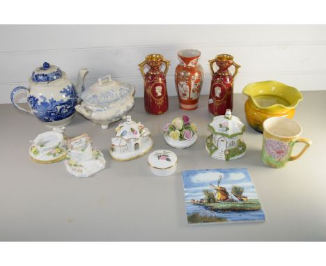 BOX CONTAINING MISC CHINA ITEMS, COALPORT PASTILLE BURNERS, JAPANESE ARETA STYLE VASE, BLUE AND WHITE TEAPOT ETC