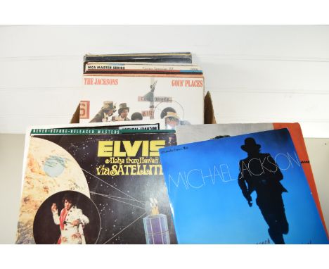 BOX CONTAINING RECORDS, MAINLY POP MUSIC, MICHAEL JACKSON, ELVIS ETC