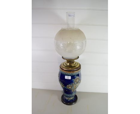OIL LAMP WITH DOULTON STONEWARE BASE WITH WHITE FUNNEL AND DECORATED WHITE SHADE