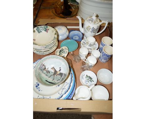 BOX CONTAINING CERAMIC ITEMS INCLUDING SOME BY COALPORT IN THE CAMELOT PATTERN, COFFEE POT AND FOUR COFFEE CANS AND SAUCERS