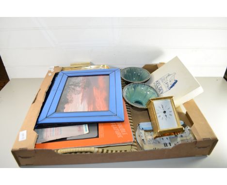 TRAY CONTAINING TWO POTTERY BOWLS FROM KELSY, BRASS CARRIAGE CLOCK ETC