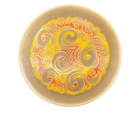 Poole Pottery charger Aegean series in shades of orange and yellow on a sand ground. Poole, England, Aegean 54 marks to the b
