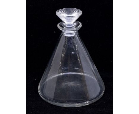 Rene Lalique - A conical shaped simple designed glass decanter with matching circular stepped stopper, with etched R. Lalique