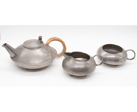 Archibald Knox for Liberty's 'Tudric' Pewter - An early 20th Century matched 0231 patterned tea set, consisting of tea pot wi