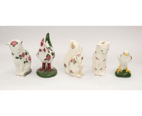 Mixed collection of Plichta ceramic animals, mid 20th Century, two cats, Hen, Chicken and squirrel (5)