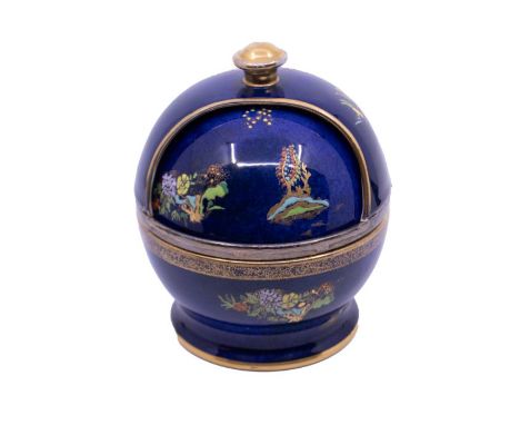 Carlton Ware - A 1920s Art Deco period novelty circular "Bleu Royale" Chinese style cobalt blue and gilt designed footed revo