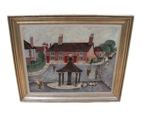 Alfred Daniels (British, 1924-2015), a 20th century oil on board of village square scene with figures. In plain silver frame.