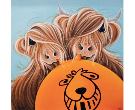 J Hogwood framed limited edition print on canvas 'It's My Turn' 13/75 depicting highland cattle and a space hopper. Signed lo