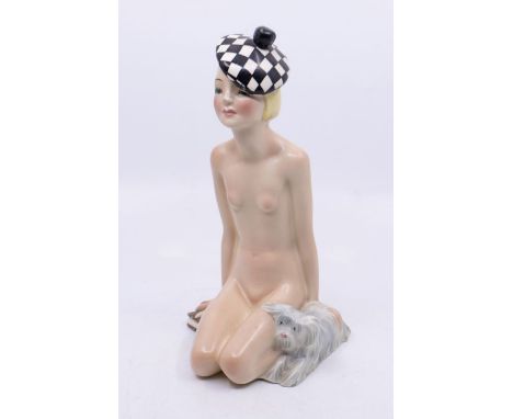 Lenci of Torino - An Art Deco 1930s nude figurine of a kneeling lady in black and white beret, dog at her side and book in he