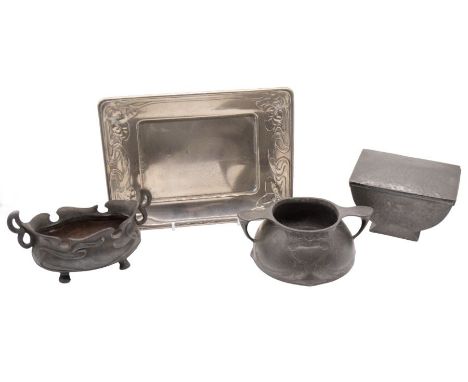 A small collection of Art Nouveau metal ware to include; a twin handled Kayserzinn "4425" patterned pewter sugar bowl with st