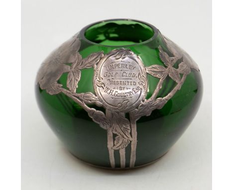 An early 20th century Art Nouveau designed green glass vase with silver overlaid floral decoration to body, marked 999/1000 A