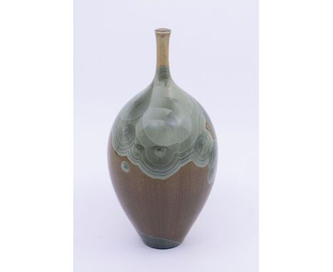 Derek Clarkson - A Studio Pottery vase, thin stem and stylish light brown and grey design. Marked to base with initials DC. A