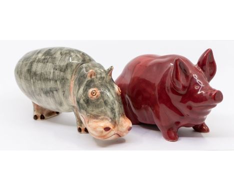 Wemyss ware mid 20th Century ceramic burgundy pig along with Plichta hippo (2)