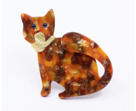 Lea Stein - A Cat brooch in marble like orange colourway with light green bow. Circa 1960s. With Lea Stein Paris 'V' shaped p