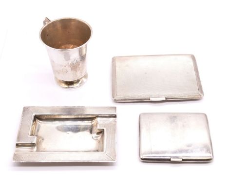 A collection of silver to include; a Mappin & Webb Birmingham silver engine turned cigarette case, gilt interior, a simple de