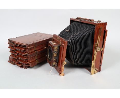 A Houghton Tropical Victo Half-Plate Field Camera,  circa 1908, teak body G, rear screen present, base frame missing, bellows