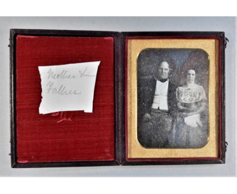 A mid-19th Century cases Portrait Daguerreotype of a middle-aged couple,   with note 'Mother &amp; Father', G, some spotting,