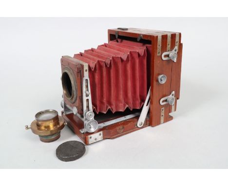 A Lancaster Aluminium-Mounted Instantograph Quarter-Plate Mahogany Field Camera Body, red square-cornered bellows, aluminium 